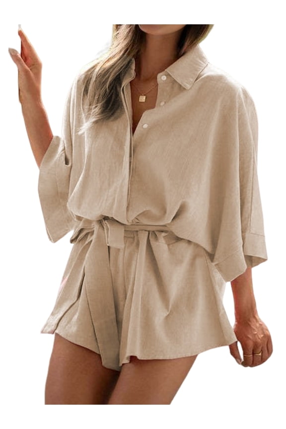 Women'S Summer V-Neck Romper with Button Detail and Waist Tie, Available in Multiple Colors Camel Color XL