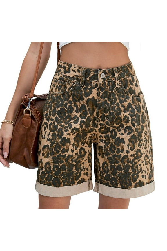 Women'S Summer Washed Hot Girl Leopard Print Denim Shorts L