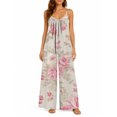 thumbnail image 1 of Women'S Summer White Pink Roses Wide Leg Jumpsuit Casual Loose Sleeveless Spaghetti Strap Romper With Pockets, 1 of 7