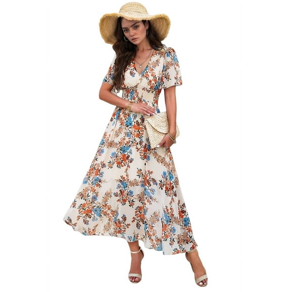 Women'S Summer Wrap Maxi Dress Floral V Neck Short Sleeve Wedding Guest Party Casual Dress Apricot L