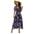 thumbnail image 1 of Women'S Summer Wrap Maxi Dress Floral V Neck Short Sleeve Wedding Guest Party Casual Dress Black L, 1 of 9