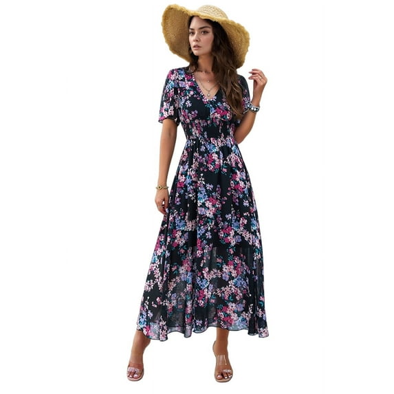 Women'S Summer Wrap Maxi Dress Floral V Neck Short Sleeve Wedding Guest Party Casual Dress Black L