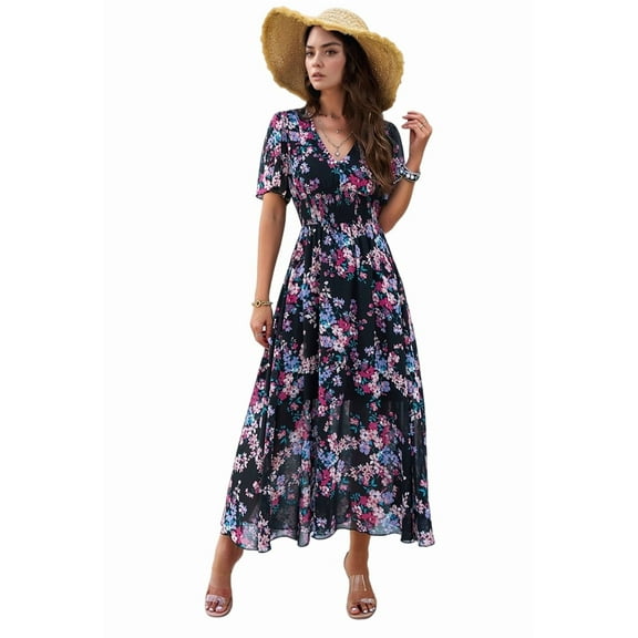 Women'S Summer Wrap Maxi Dress Floral V Neck Short Sleeve Wedding Guest Party Casual Dress Black XL