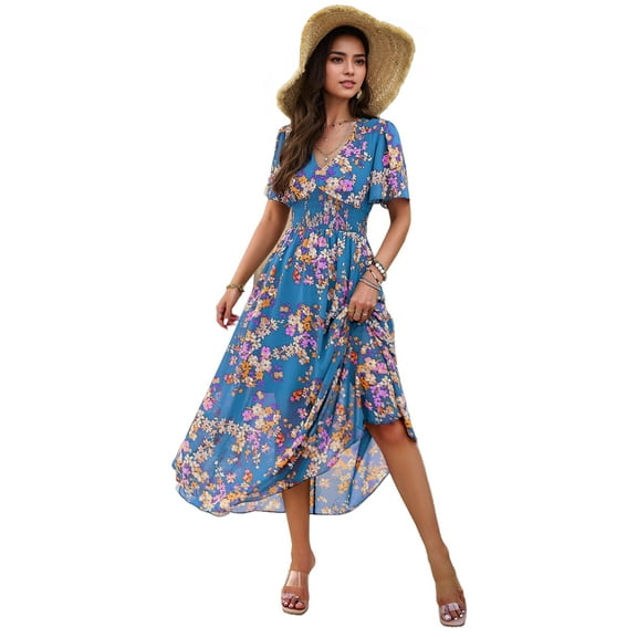 Women'S Summer Wrap Maxi Dress Floral V Neck Short Sleeve Wedding Guest Party Casual Dress Blue L