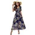 thumbnail image 1 of Women'S Summer Wrap Maxi Dress Floral V Neck Short Sleeve Wedding Guest Party Casual Dress Navy Blue M, 1 of 9