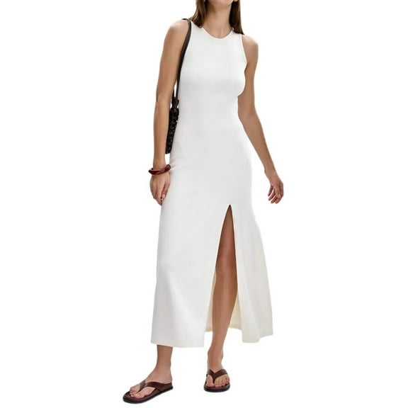 Women'S Summer and Autumn Long Elegant Versatile Slit Tight Sleeveless Dress White M