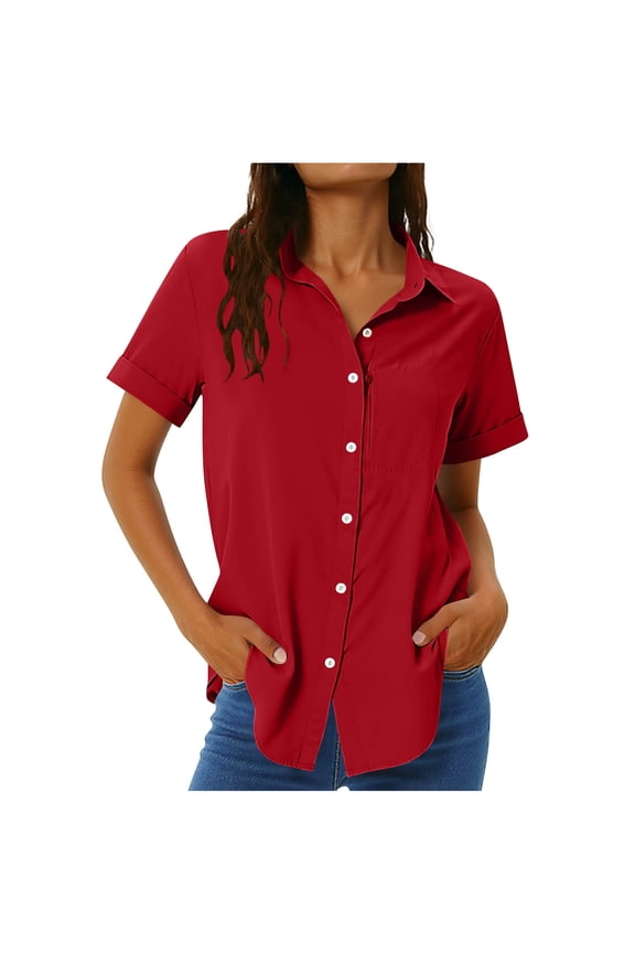 Women'S Sun Protection Quick-Drying Blouses Summer Oversized Collared Short Sleeve Shirt Casual Button Down Hiking Tops Red