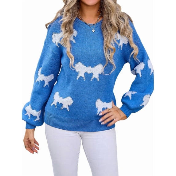 Women'S Sweater 2025 Fall - Long Sleeve Crewneck Tops Knit Oversized Pullover Casual Print Jumper Blue L