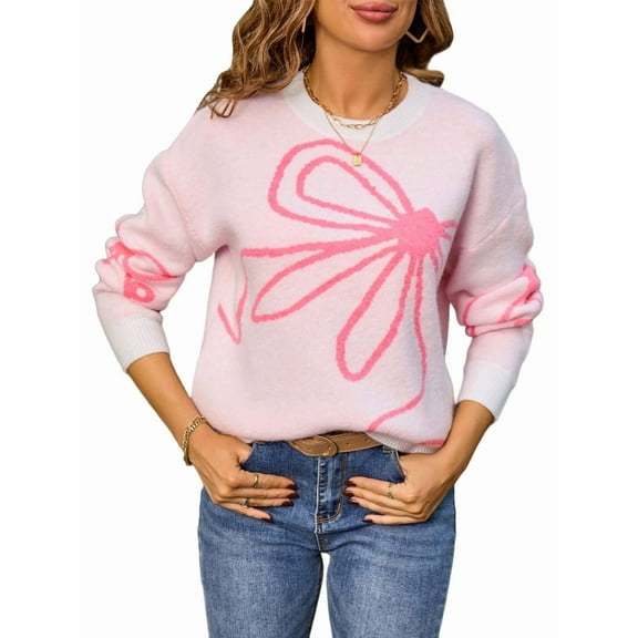 Women'S Sweater 2025 Fall - Long Sleeve Crewneck Tops Knit Oversized Pullover Casual Print Jumper White S