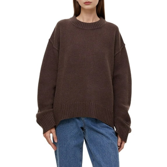 Women'S Sweater Crew Neck Long Sleeve Pullover Loose Fit Soft Knit Ribbed Hem Fall Winter Outfit Coffee Color One size