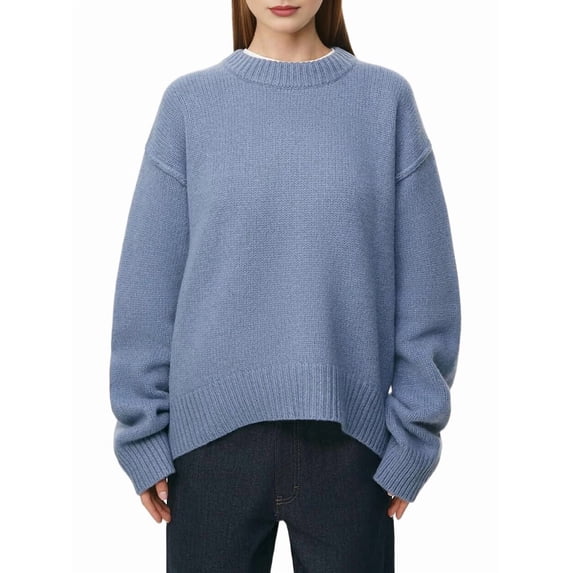 Women'S Sweater Crew Neck Long Sleeve Pullover Loose Fit Soft Knit Ribbed Hem Fall Winter Outfit Fog Blue One size