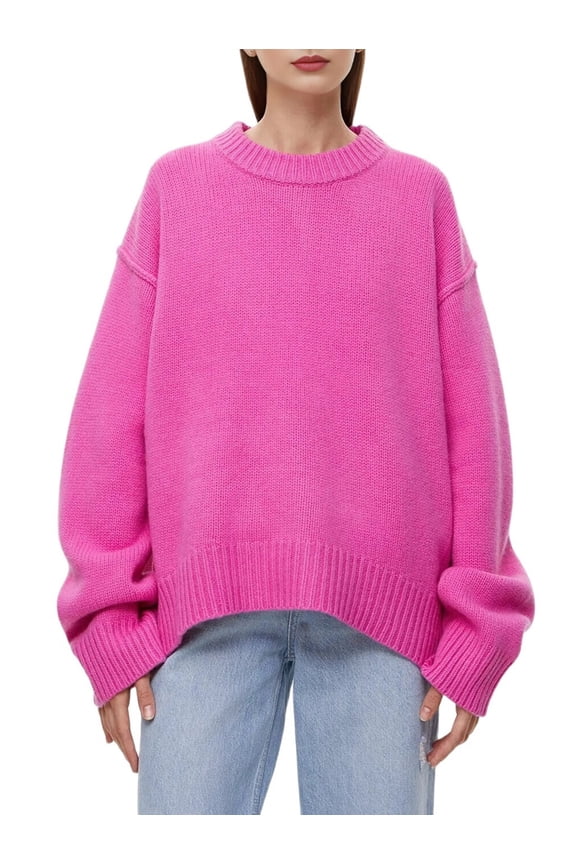 Women'S Sweater Crew Neck Long Sleeve Pullover Loose Fit Soft Knit Ribbed Hem Fall Winter Outfit Rose Red One size