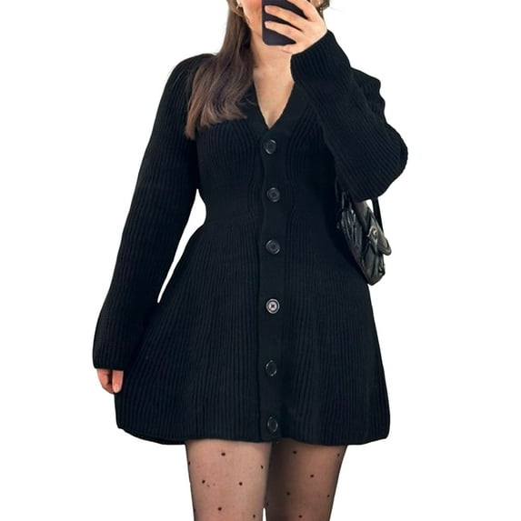 Women'S Sweater Dress Button V-Neck Long Sleeve Knit A-Line Mini Dress Black S