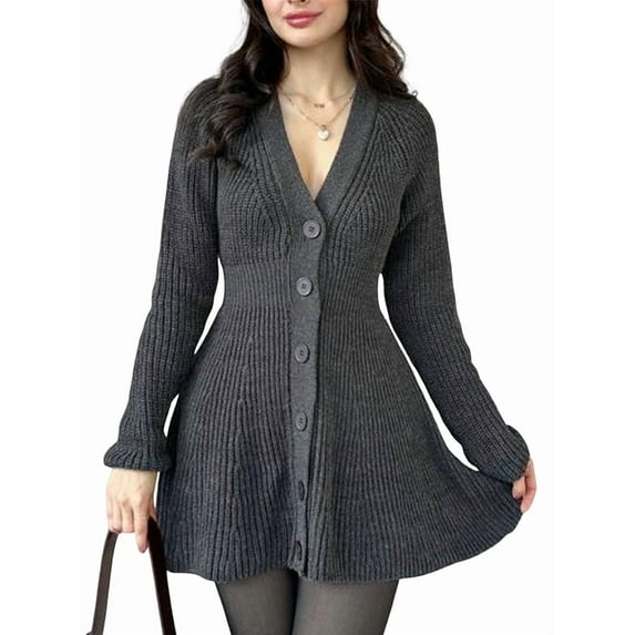 Women'S Sweater Dress Button V-Neck Long Sleeve Knit A-Line Mini Dress Grey L
