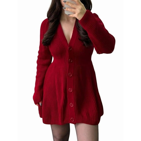 Women'S Sweater Dress Button V-Neck Long Sleeve Knit A-Line Mini Dress Red XL