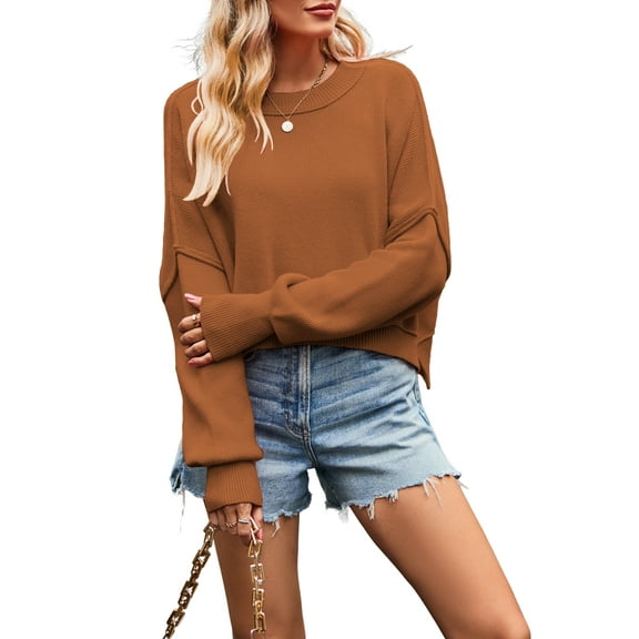 Women'S Sweater Fall Crew Neck Batwing Sleeve Pullover Sweaters Brown S