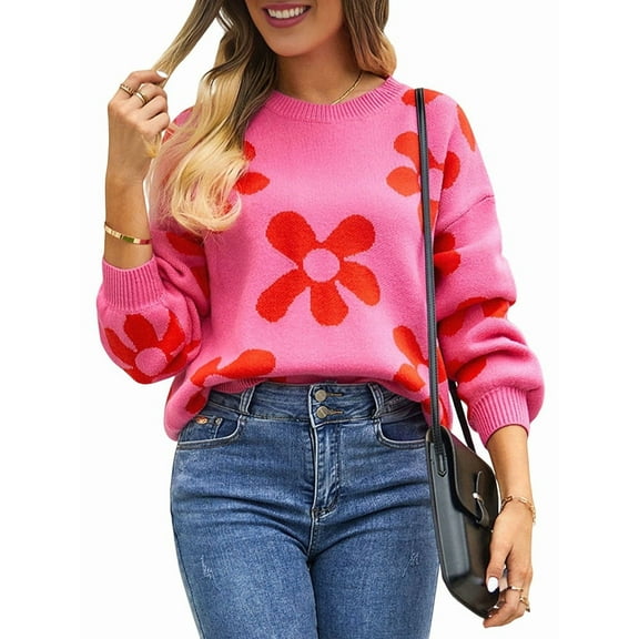 Women'S Sweater Fall Long Sleeve Crewneck Tops Knit Oversized Pullover Casual Print Tops