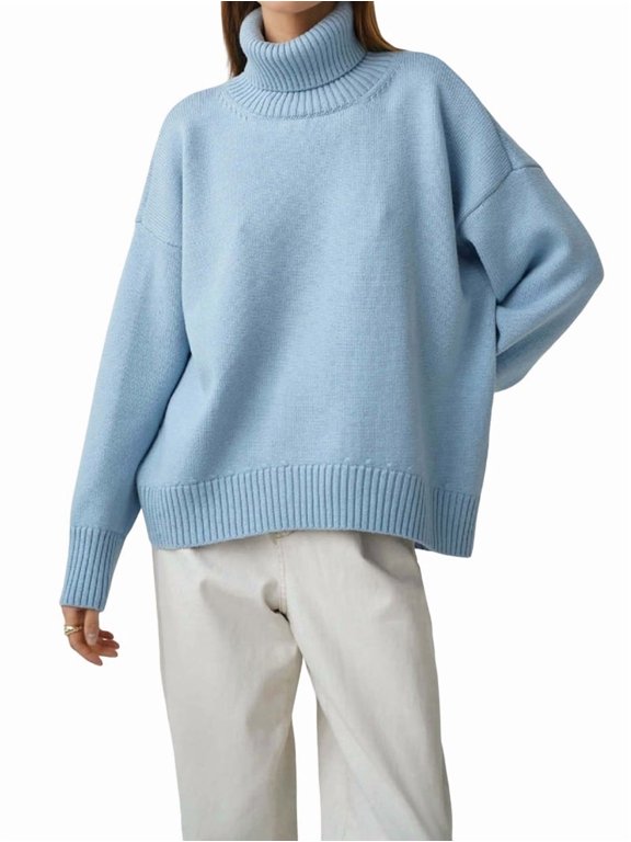 Women'S Sweater Fall Winter Chunky Knitted Pullover Ribbing Hem Trendy Basic Jumper Top Sky Blue S
