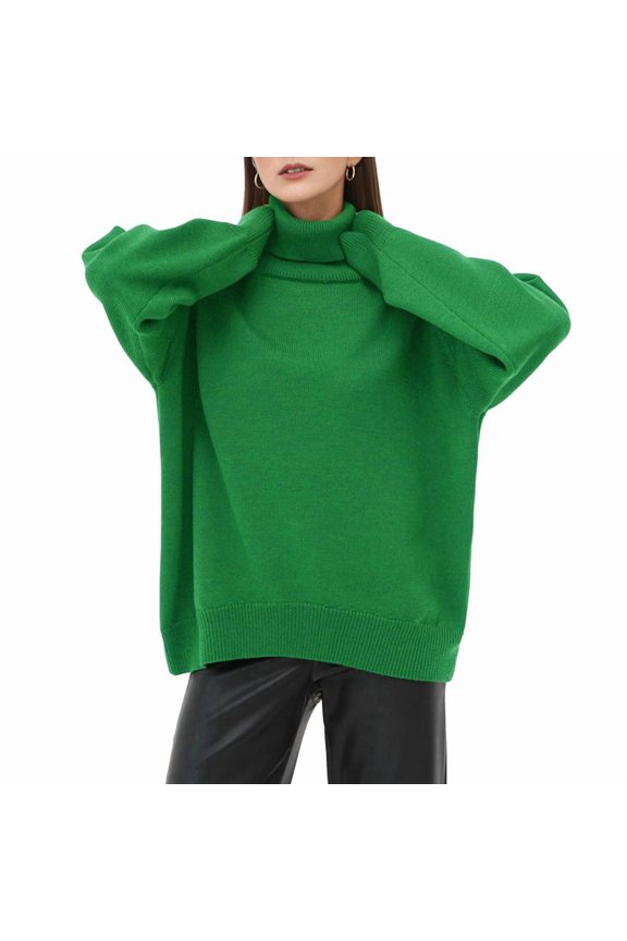 Women'S Sweater Fall Winter Chunky Knitted Pullover Ribbing Hem Trendy Basic Jumper Top Green L