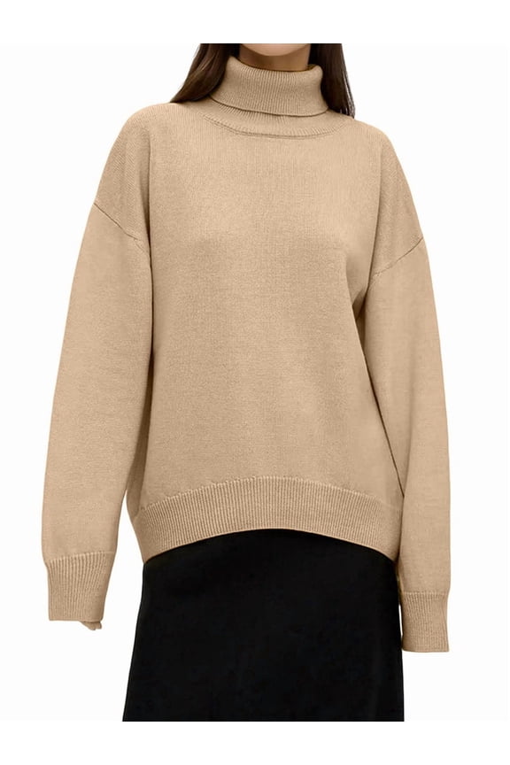 Women'S Sweater Fall Winter Chunky Knitted Pullover Ribbing Hem Trendy Basic Jumper Top Khaki M