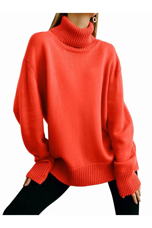 Women'S Sweater Fall Winter Chunky Knitted Pullover Ribbing Hem Trendy Basic Jumper Top Orange & Red L