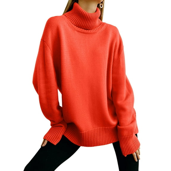 Women'S Sweater Fall Winter Chunky Knitted Pullover Ribbing Hem Trendy Basic Jumper Top Orange & Red S