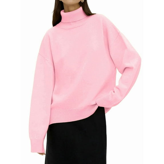 Women'S Sweater Fall Winter Chunky Knitted Pullover Ribbing Hem Trendy Basic Jumper Top Pink M