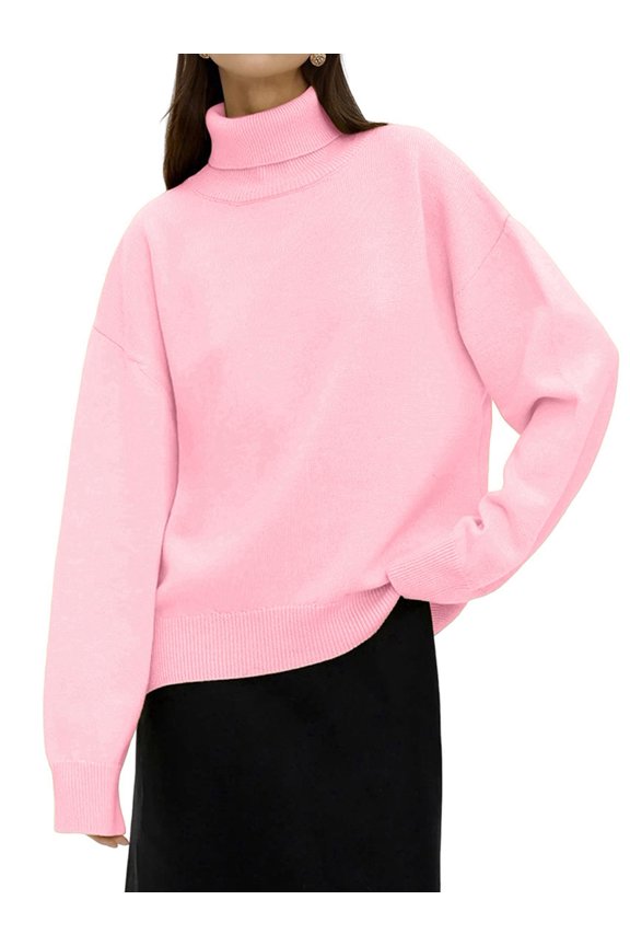 Women'S Sweater Fall Winter Chunky Knitted Pullover Ribbing Hem Trendy Basic Jumper Top Pink S