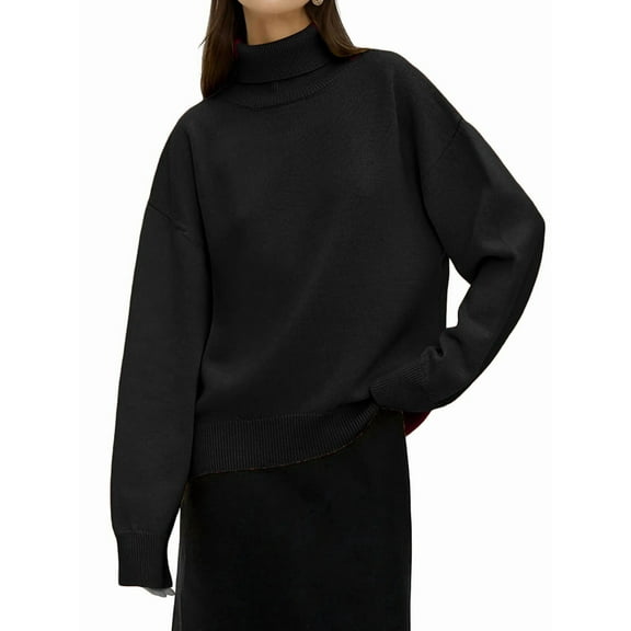 Women'S Sweater Fall Winter Chunky Knitted Pullover Ribbing Hem Trendy Basic Jumper Top Black M