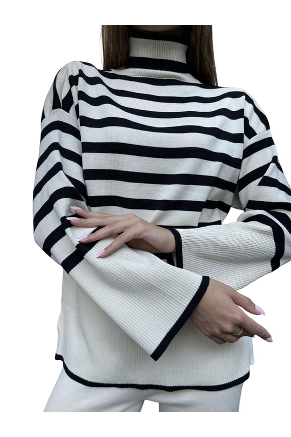 Women'S Sweater Sets Long Sleeve Striped Jumper Tops Casual Knit Wide Leg Pants Sets Cream White One size