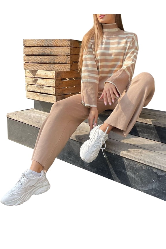 Women'S Sweater Sets Long Sleeve Striped Jumper Tops Casual Knit Wide Leg Pants Sets Khaki One size