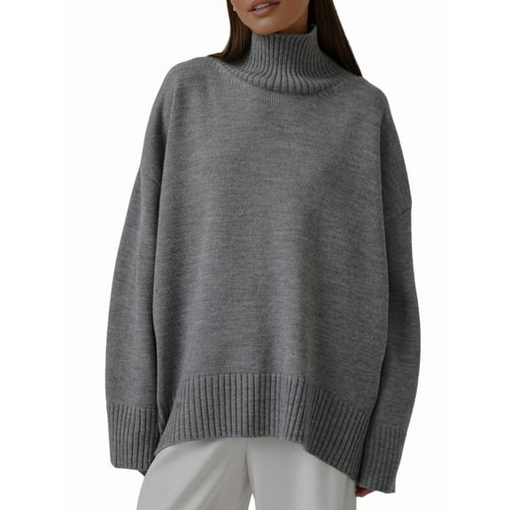 Women'S Sweater Thick Long Sleeve Knit Pullover High-Low Hem Fashion Autumn and Winter Basic Pullover Top Grey S