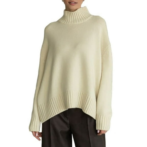 Women'S Sweater Thick Long Sleeve Knit Pullover High-Low Hem Fashion Autumn and Winter Basic Pullover Top White One size