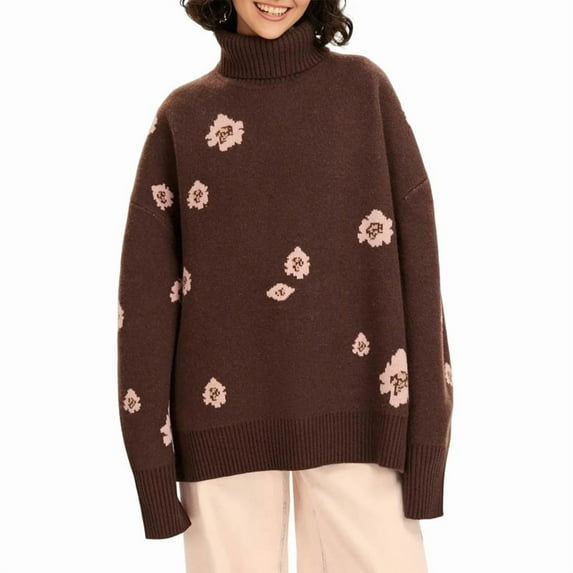 Women'S Sweater Thick Long-Sleeved Knitted Pullover Floral Pattern Fashion 2025 Autumn and Winter Brown One Size