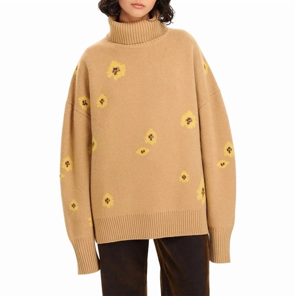 Women'S Sweater Thick Long-Sleeved Knitted Pullover Floral Pattern Fashion 2025 Autumn and Winter Khaki One Size