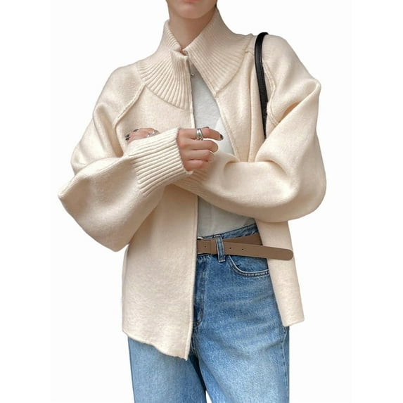 Women'S Sweater Zipper Lapel Cardigan Casual Sweater Knitted Cardigan Cream White One size