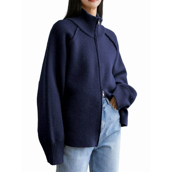 Women'S Sweater Zipper Lapel Cardigan Casual Sweater Knitted Cardigan Navy Blue One size