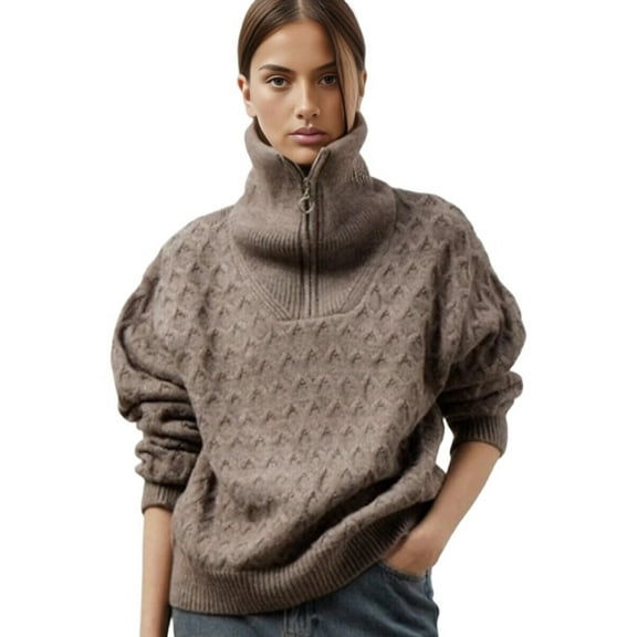 Women'S Sweaters 2025 Fall Winter Quarter Zip Casual Diamond Knit Pullover Coffee S