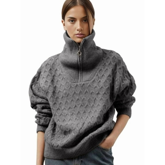 Women'S Sweaters Fall Winter Quarter Zip Casual Diamond Knit Pullover Gray S