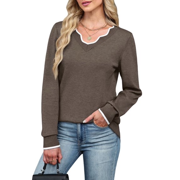 Women'S Sweaters Casual V-Neck Long Sleeve Sweaters Loose Solid Fall Tops Pullover Sweater Coffee S