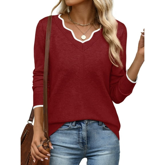 Women'S Sweaters Casual V-Neck Long Sleeve Sweaters Loose Solid Fall Tops Pullover Sweater Red L
