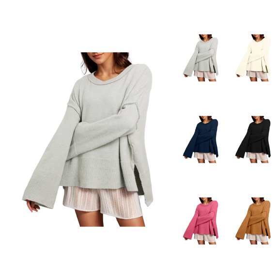 Women'S Sweaters, Crew Neck Sweaters for Women, Loose Solid Color Pullover, Flared Design for Casual Comfort