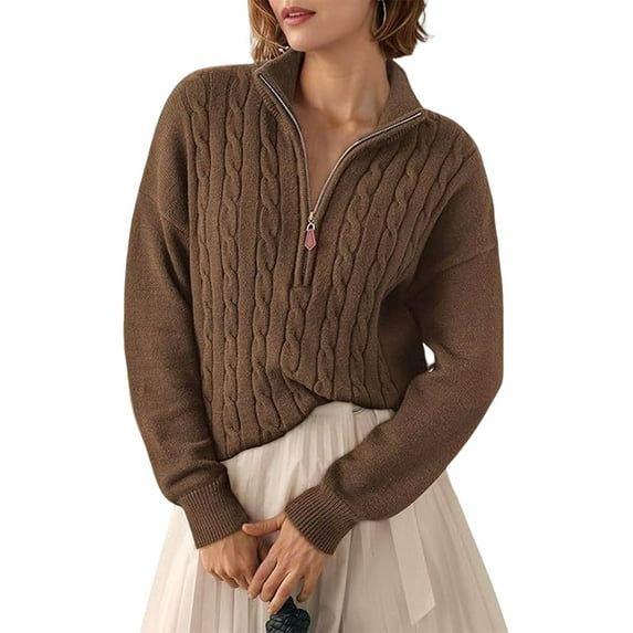 Women'S Sweaters Fall Winter Quarter Zip Casual Ribbed Cable Knit Pullover Maroon S