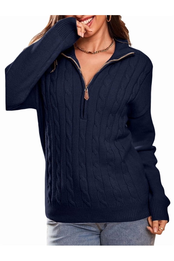 Women'S Sweaters Fall Winter Quarter Zip Casual Ribbed Cable Knit Pullover Navy Blue L