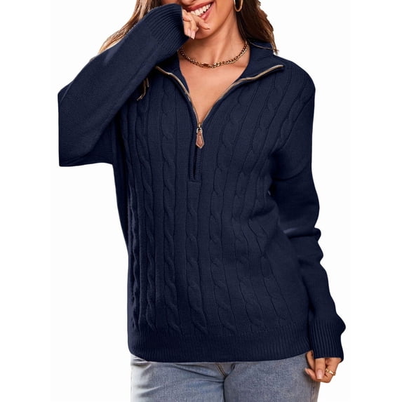 Women'S Sweaters Fall Winter Quarter Zip Casual Ribbed Cable Knit Pullover Navy Blue M