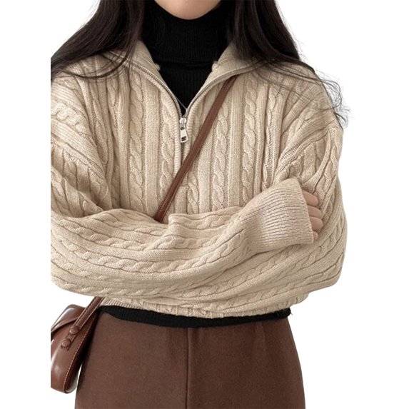 Women'S Sweaters Fall Winter Quarter Zip Long Sleeves Casual Ribbed Cable Knit Pullover Apricot One size