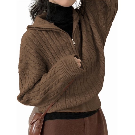 Women'S Sweaters Fall Winter Quarter Zip Long Sleeves Casual Ribbed Cable Knit Pullover Brown One size