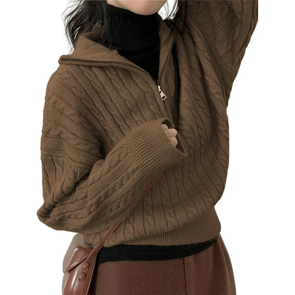 Women'S Sweaters Fall Winter Quarter Zip Long Sleeves Casual Ribbed Cable Knit Pullover Brown One size