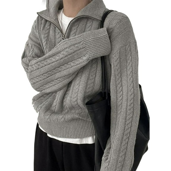 Women'S Sweaters Fall Winter Quarter Zip Long Sleeves Casual Ribbed Cable Knit Pullover Gray One Size