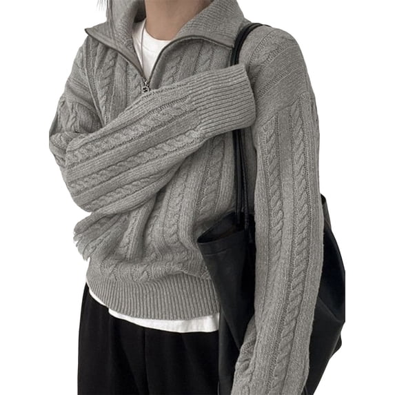 Women'S Sweaters Fall Winter Quarter Zip Long Sleeves Casual Ribbed Cable Knit Pullover Gray One size
